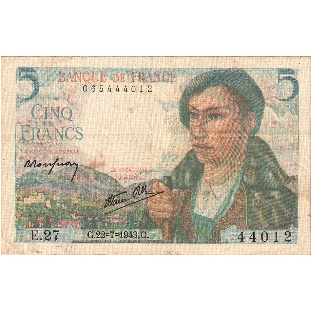 France, 5 Francs, Berger, 1943, E.27, AU(50-53), Fayette:5.2, KM:98a