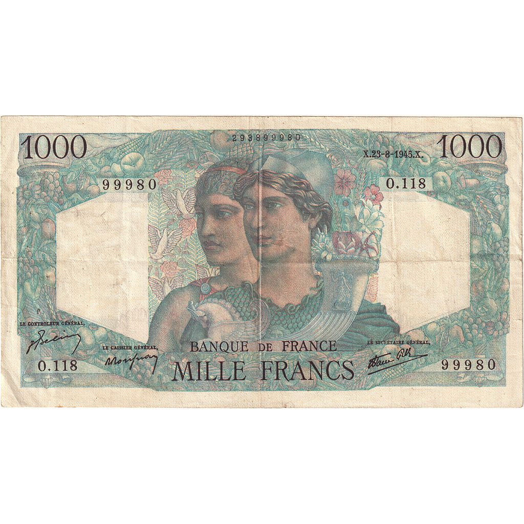 Francia, 1000 Francs, Minerve et Hercule, 1945, O.118, BB, Fayette:41.7, KM:130a