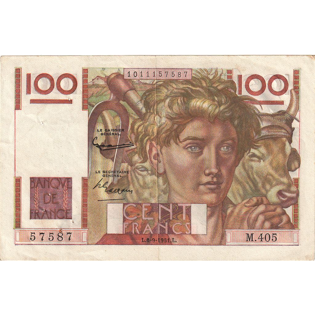 Francja, 100 Francs, Jeune Paysan, 1951, M.405, AU(55-58), Fayette:28.29