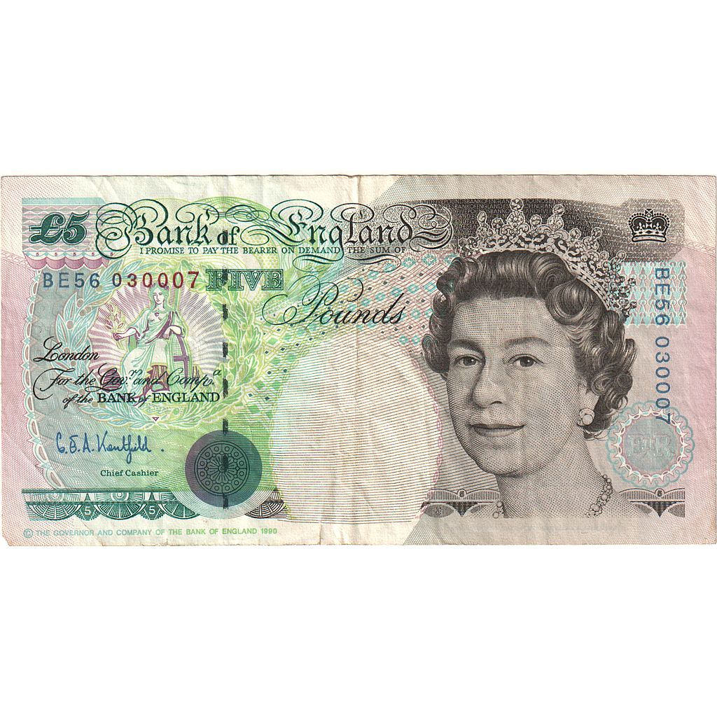 Banknote Great Britain 5 Pounds 1990 UNdated (1990) KM:382b EF(40-45 ...
