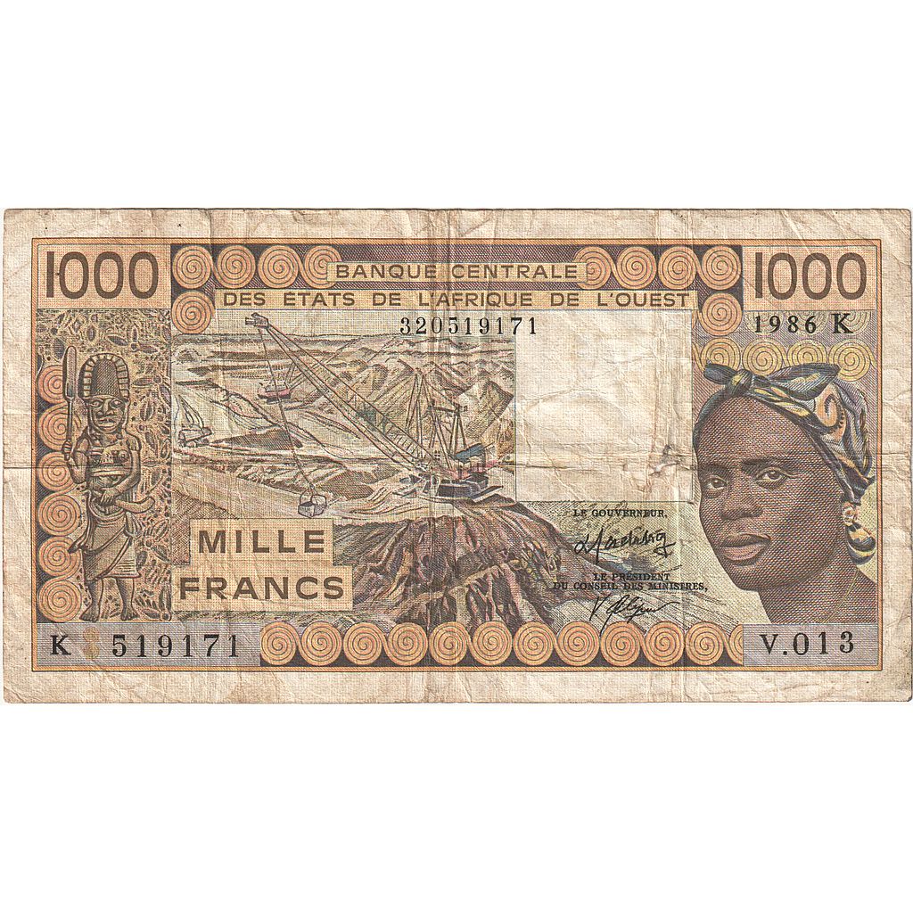 Banknote, West African States, 1000 Francs, 1986, Sénégal, KM:707Kg, VG(8-10)