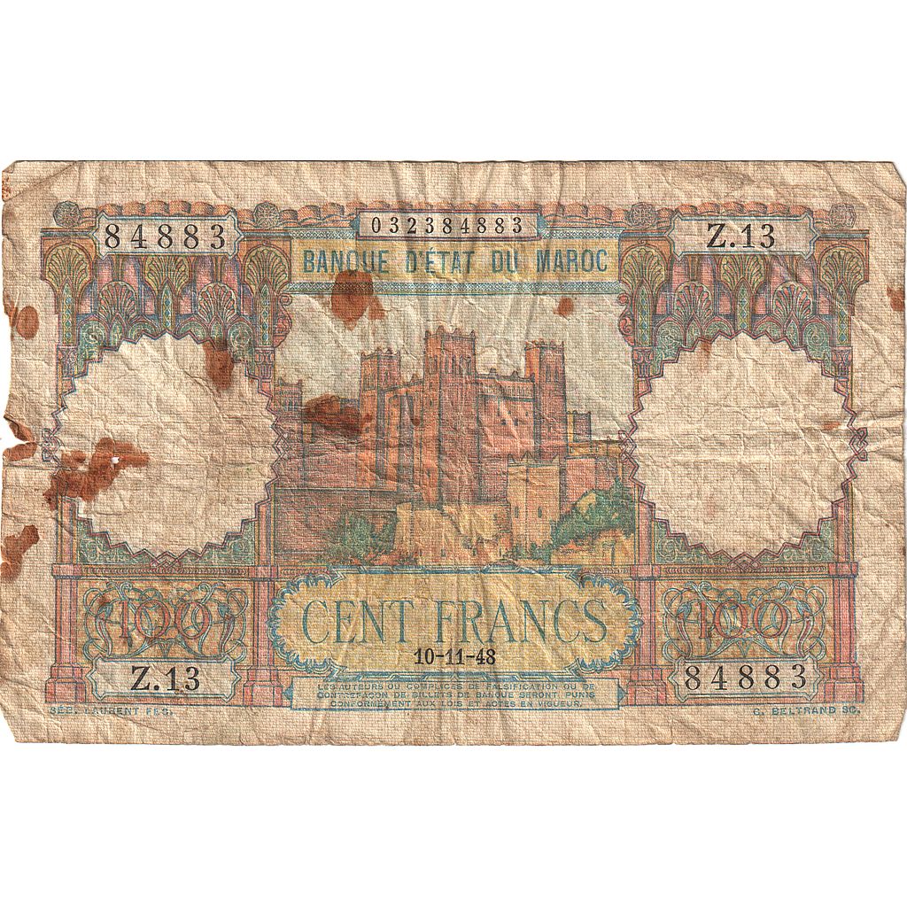 Banknote, Morocco, 100 Francs, 1948, 1948-11-10, KM:45, VG(8-10)