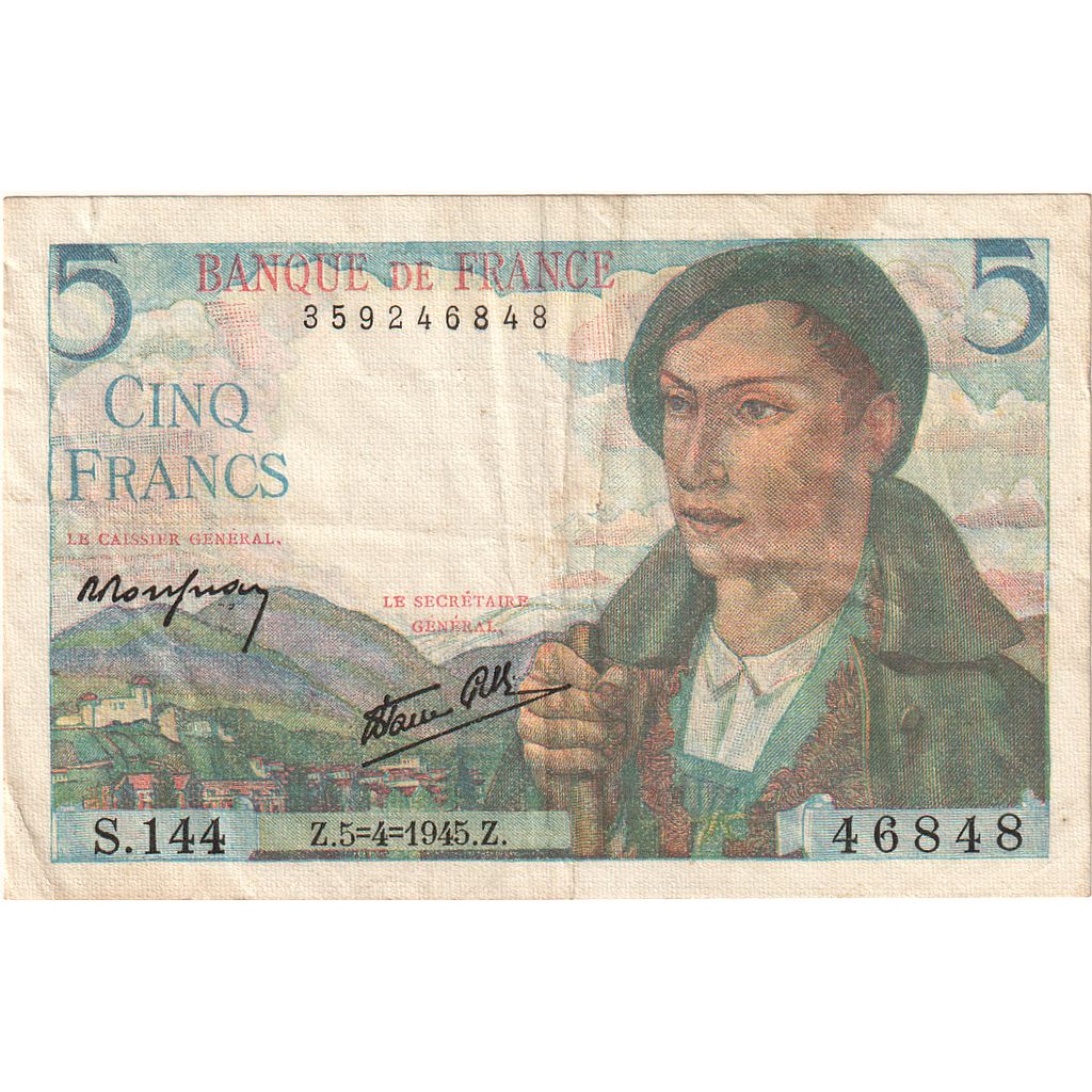 Francja, 5 Francs, Berger, 1945, S.144, AU(55-58), Fayette:5.6, KM:98a