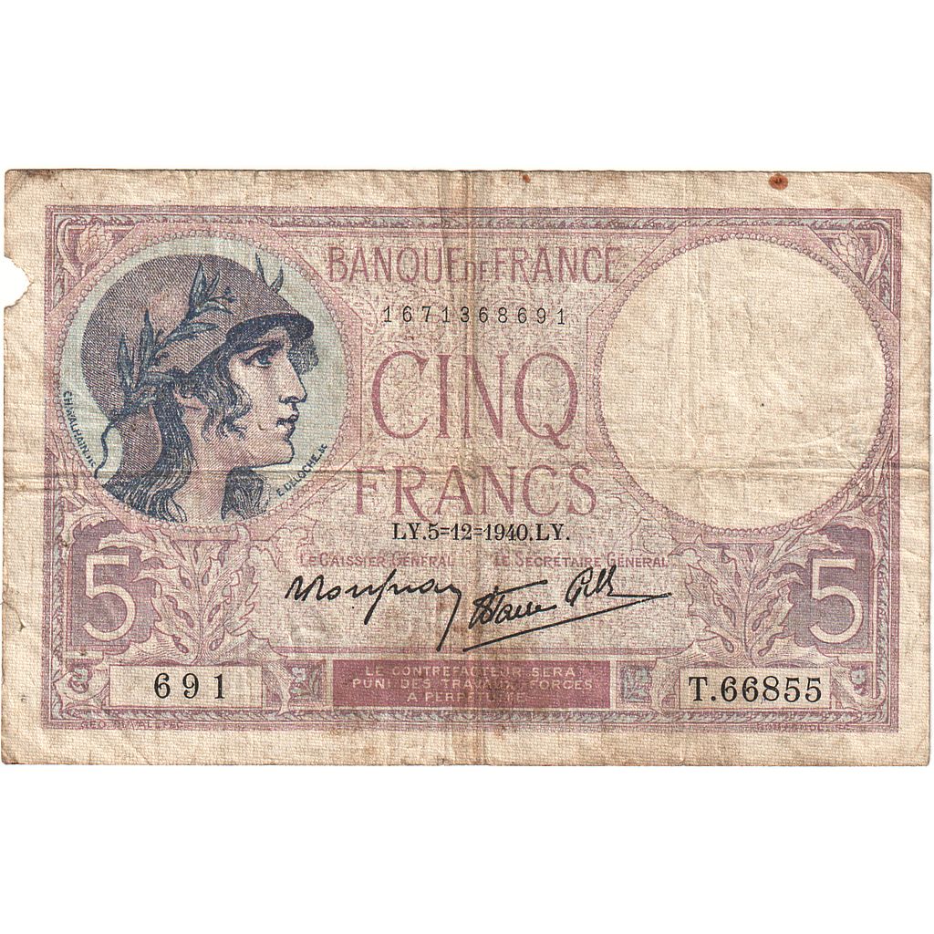 Francia, 5 Francs, Violet, 1940, T.66855, B+, Fayette:4.14, KM:83