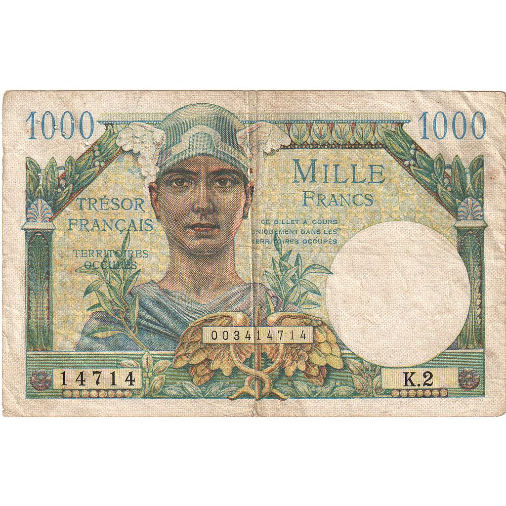 France, 1000 Francs, 1947 French Treasury, 1947, K.2, VF(20-25), Fayette:33.02