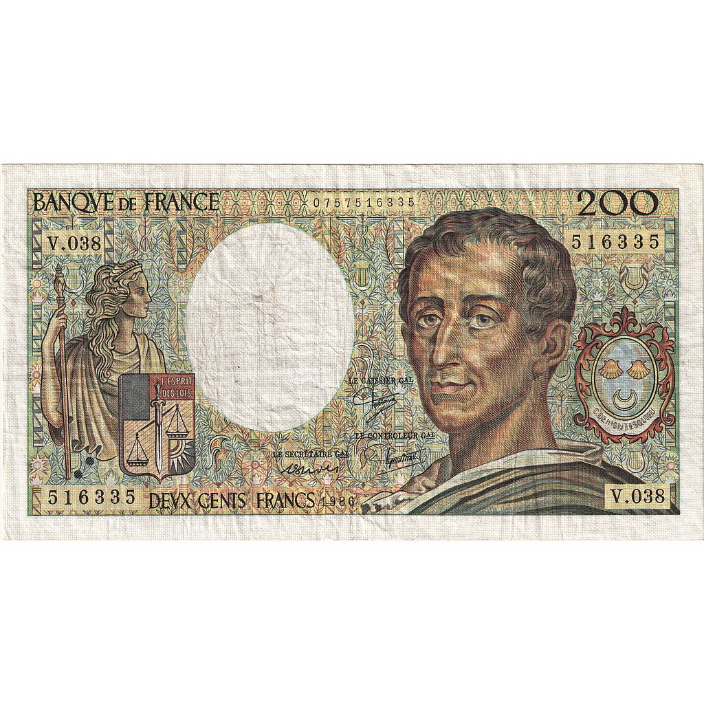Francia, 200 Francs, Montesquieu, 1986, V.038, BC, Fayette:70.6, KM:155a