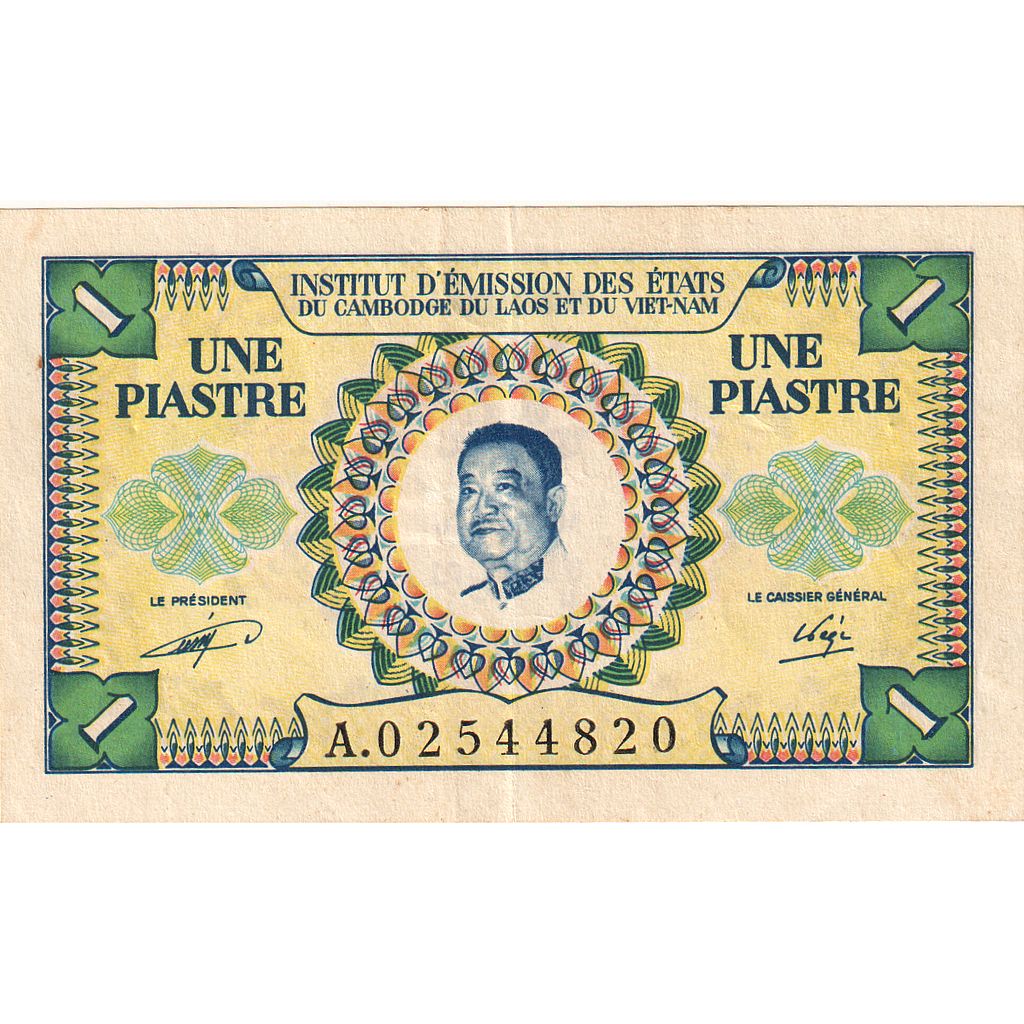 Nota, INDOCHINA FRANCESA, 1 Piastre = 1 Kip, 1953, KM:99, AU(55-58)