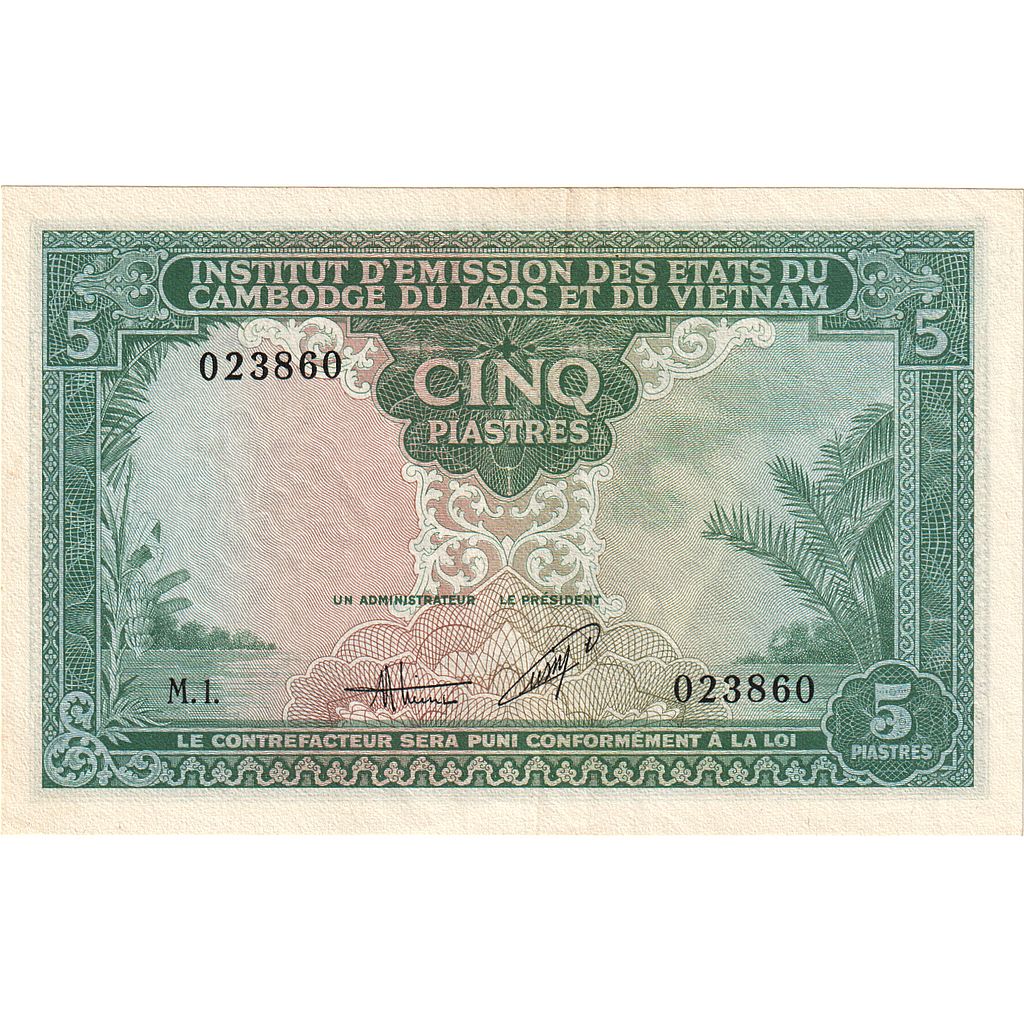 Nota, INDOCHINA FRANCESA, 5 Piastres = 5 Dong, 1953, Undated (1953), KM:106