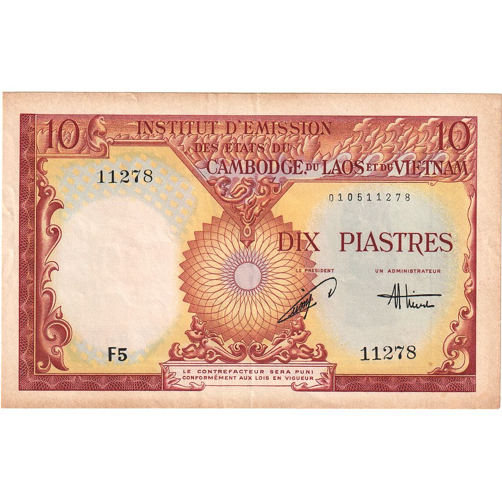 Banknote, FRENCH INDO-CHINA, 10 Piastres = 10 Dong, 1953, KM:107, AU(55-58)