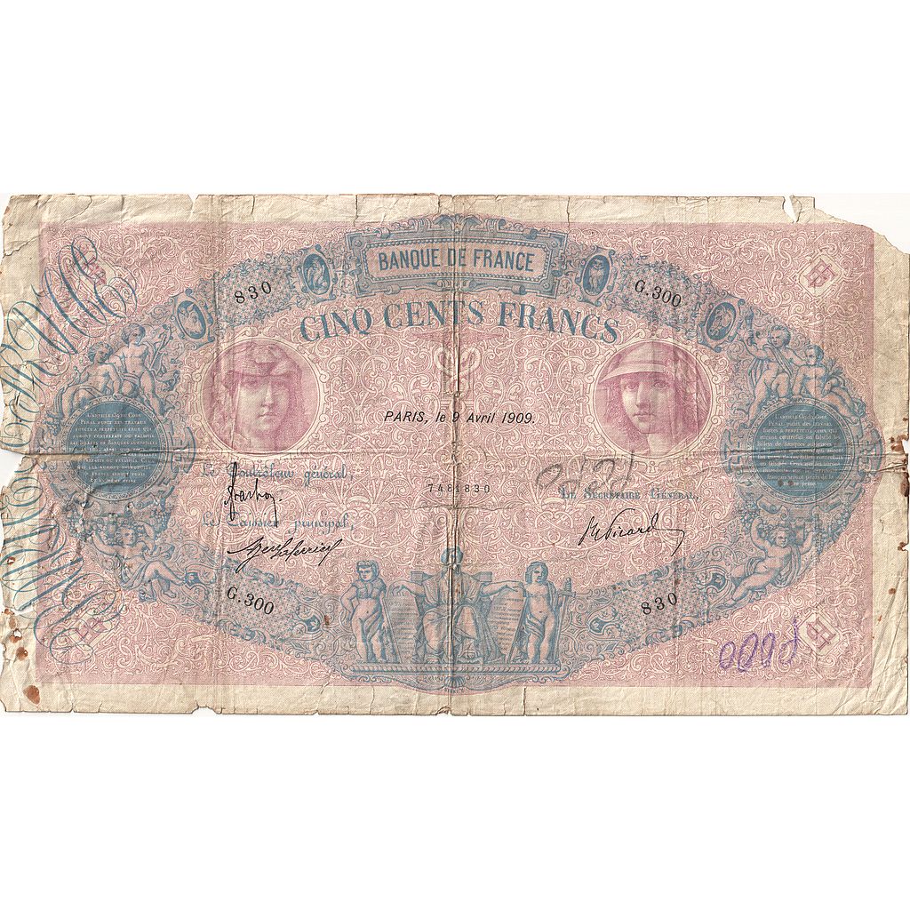 France, 500 Francs, Bleu et Rose, 1909, G.300, Rare, AG(1-3), Fayette:30.17