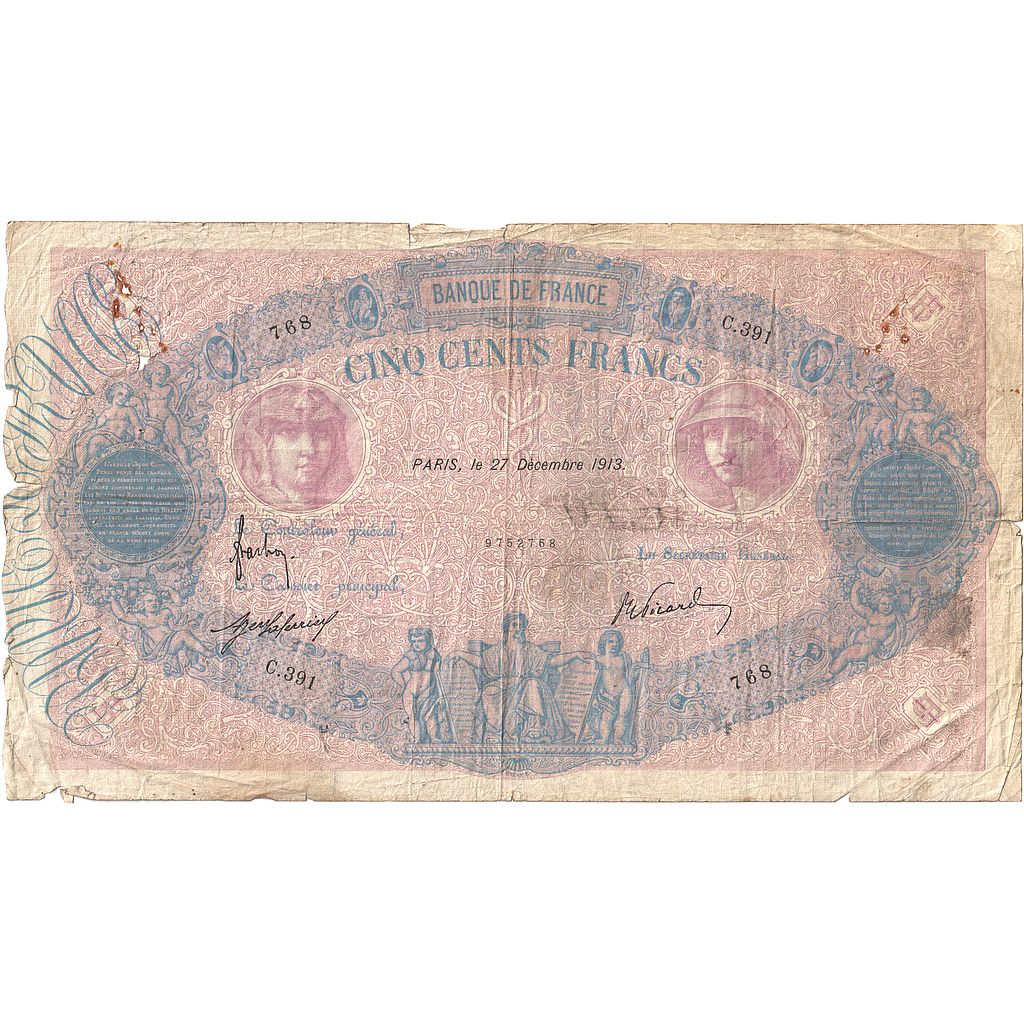 Francia, 500 Francs, Bleu et Rose, 1913, C.391, RC, Fayette:30.21, KM:66g