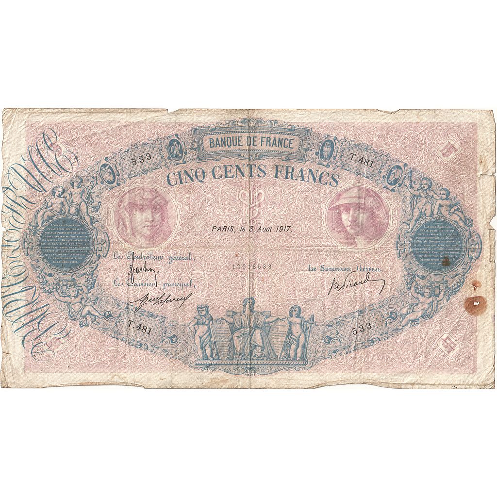 Francja, 500 Francs, Bleu et Rose, 1917, T.481, VG(8-10), Fayette:30.23, KM:66g