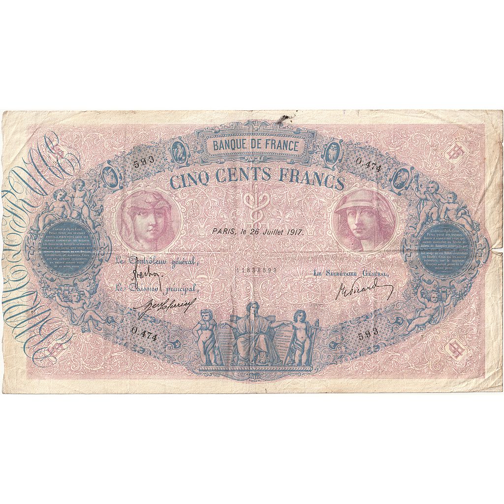 Frankrijk, 500 Francs, Bleu et Rose, 1917, O.474, TB+, Fayette:30.23, KM:66g