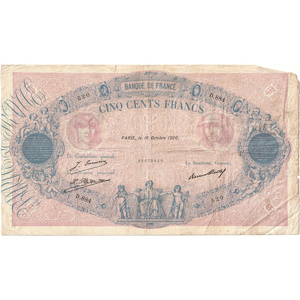 France, 500 Francs, Bleu et Rose, 1926, D.884, VG(8-10), Fayette:30.29, KM:66k