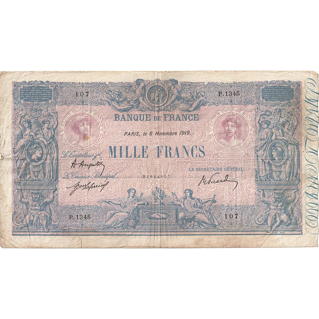 Frankrijk, 1000 Francs, Bleu et Rose, 1919, P.1345, B+, Fayette:36.34, KM:67h