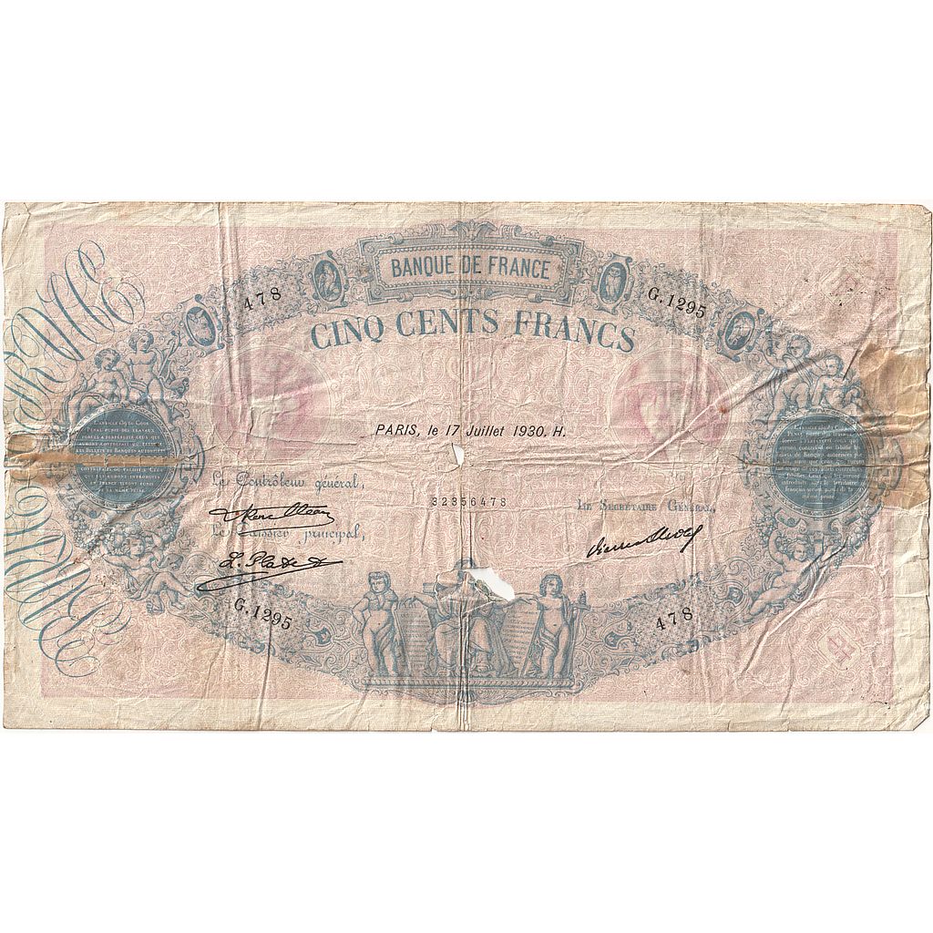 France, 500 Francs, Bleu et Rose, 1930, G.1295, AG(1-3), Fayette:30.33, KM:66l