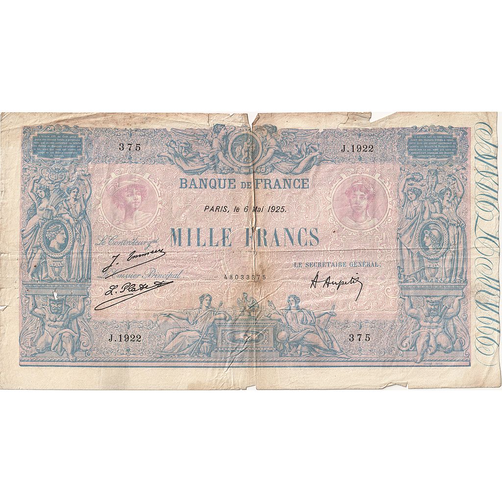 Francia, 1000 Francs, Bleu et Rose, 1925, J.1922, B, Fayette:36.41, KM:67j