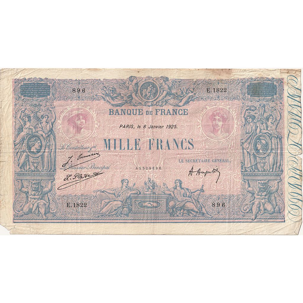 Francia, 1000 Francs, Bleu et Rose, 1925, E.1822, MB, Fayette:36.41, KM:67j