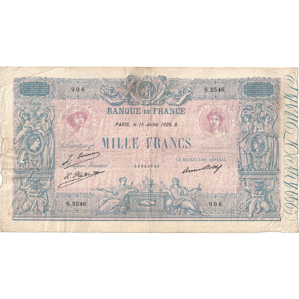 Frankreich, 1000 Francs, Bleu et Rose, 1926, S.2546, S, Fayette:36.43, KM:67k