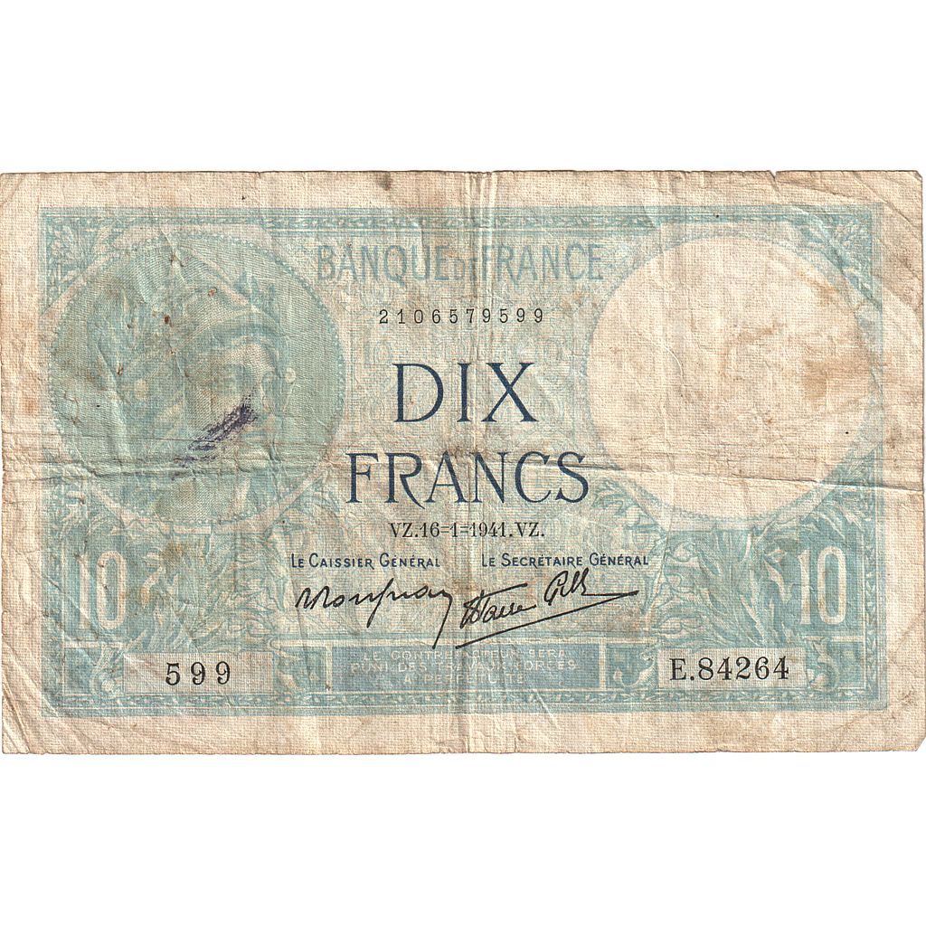 Francia, 10 Francs, Minerve, 1941, E.84264, B, Fayette:7.28, KM:84