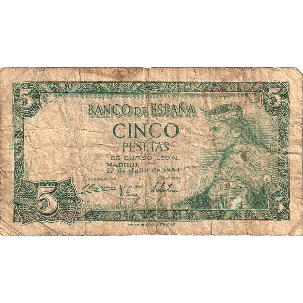 Banknot, Hiszpania, 5 Pesetas, 1954, 1954-07-22, KM:146a, VG(8-10)