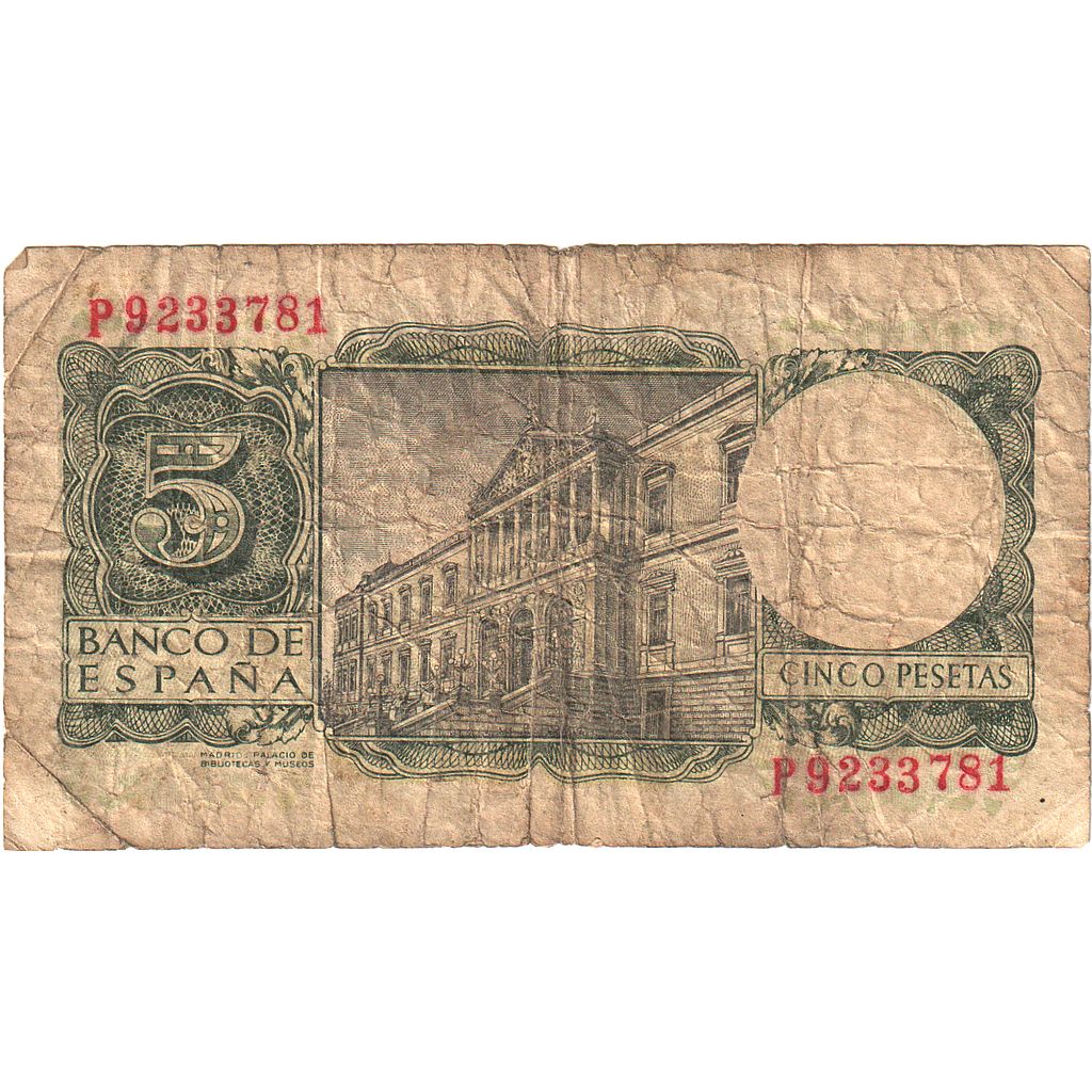 Banknot, Hiszpania, 5 Pesetas, 1954, 1954-07-22, KM:146a, VG(8-10)