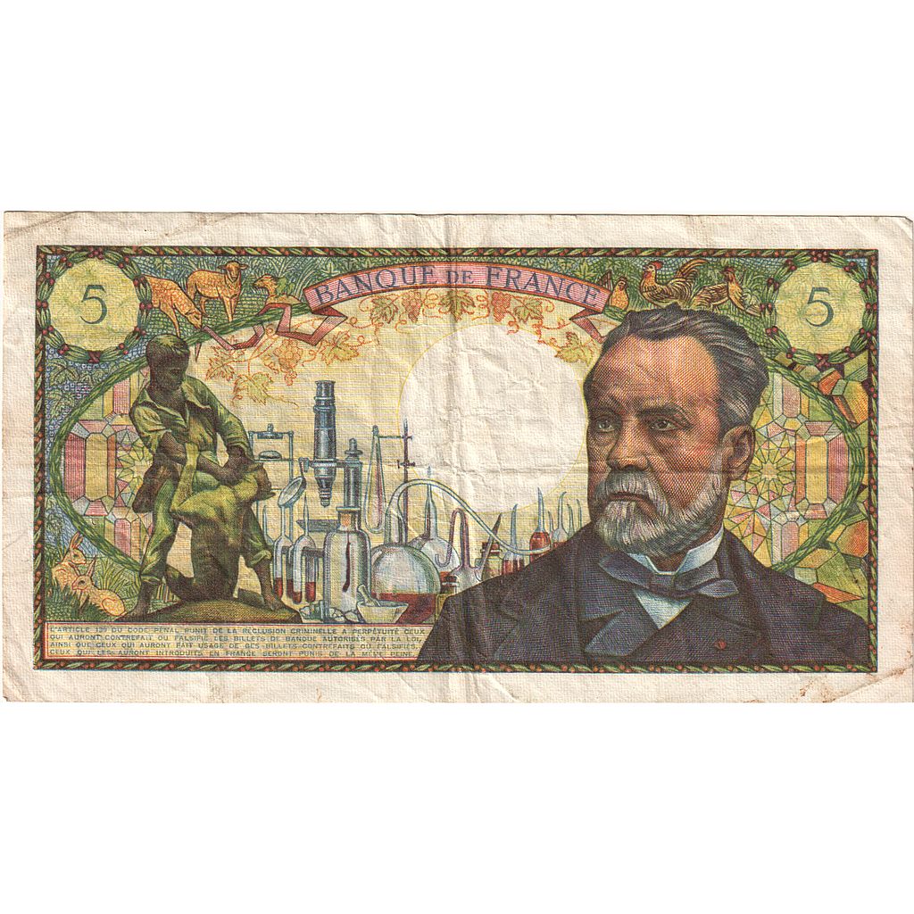 France, 5 Francs, Pasteur, 1969, X.91, EF(40-45), Fayette:61.09, KM:146b