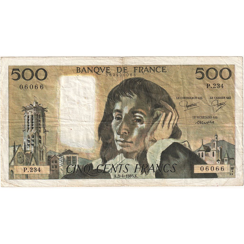 Frankreich, 500 Francs, Pascal, 1985, P.234, SS, Fayette:71.33, KM:156e