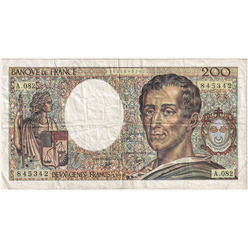França, 200 Francs, Montesquieu, 1990, A.082, VF(20-25), Fayette:70.10a