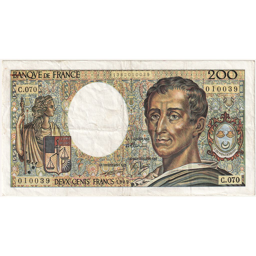 France, 200 Francs, Montesquieu, 1989, C.070, AU(50-53), Fayette:70.09, KM:155c