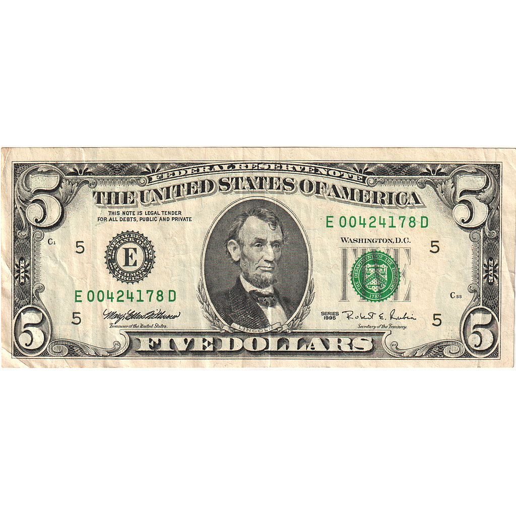 Banknote, United States, Five Dollars, 1995, Undated (1995), KM:4100, AU(50-53)