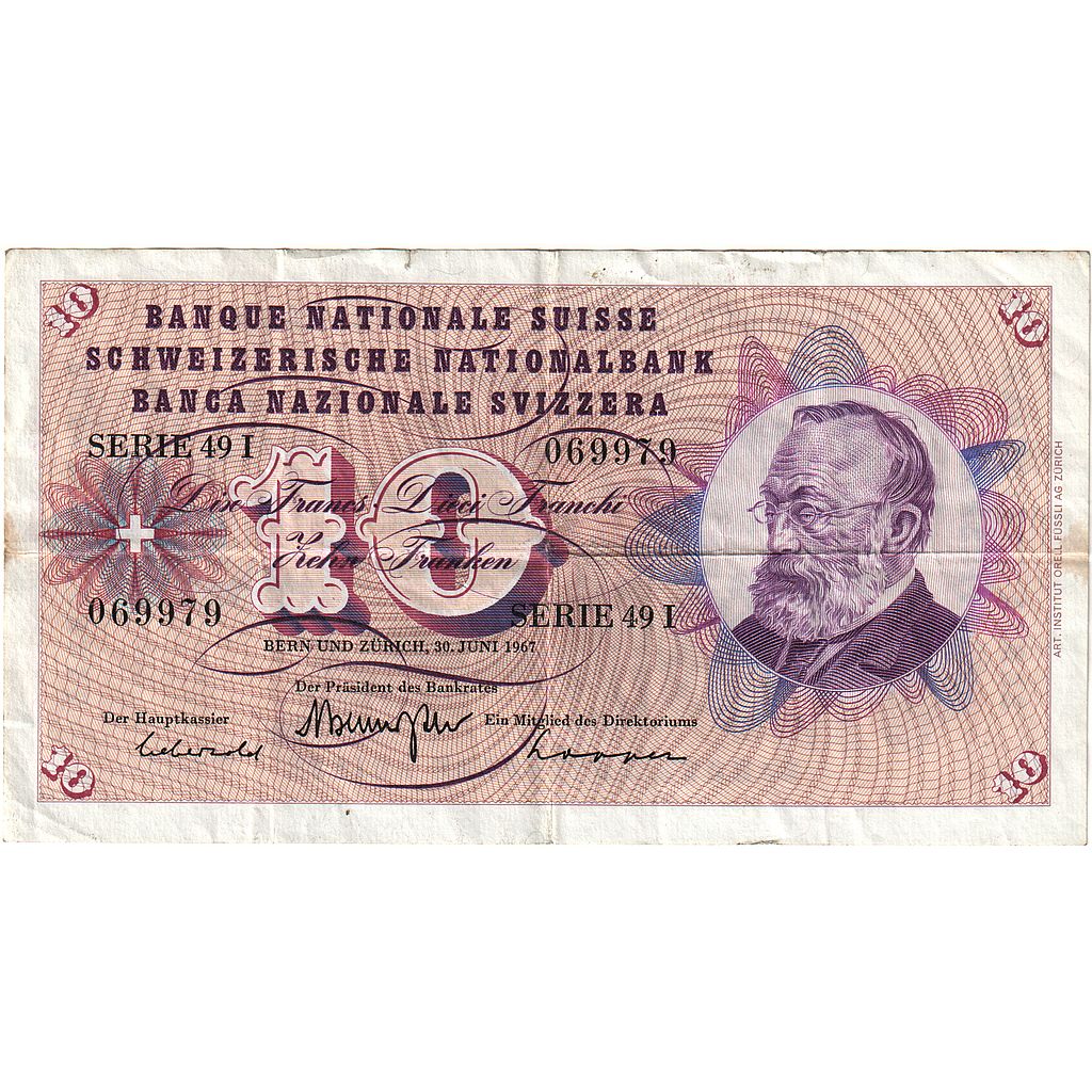 Banknote, Switzerland, 10 Franken, 1967, 1967-06-30, KM:45m, VF(20-25)
