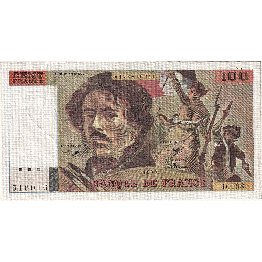 France, 100 Francs, Delacroix, 1990, D.168, AU(55-58), Fayette:F.69bis02b