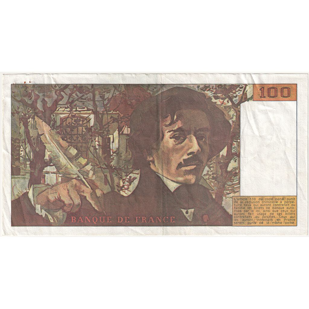 France, 100 Francs, Delacroix, 1990, D.168, AU(55-58), Fayette:F.69bis02b