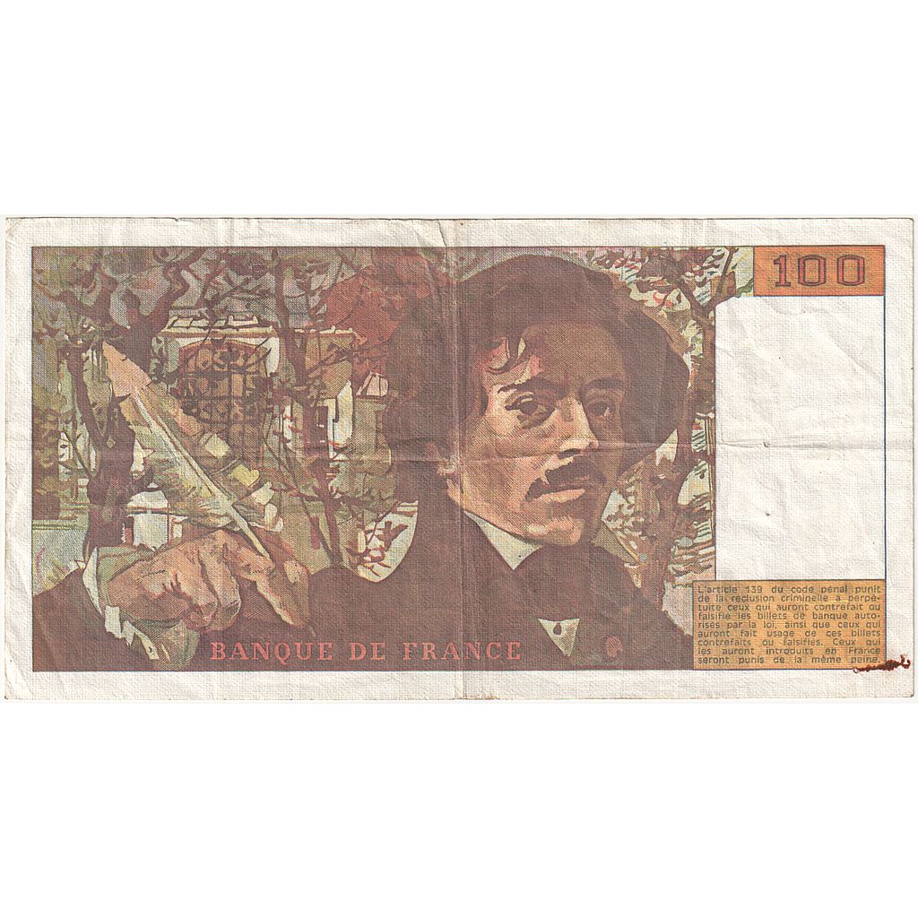 France, 100 Francs, Delacroix, 1990, K.136, VF(30-35), Fayette:69bis.1a, KM:154d