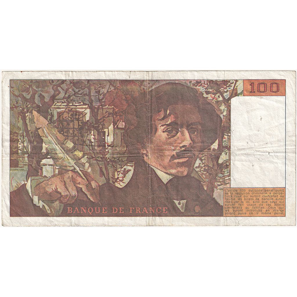 France, 100 Francs, Delacroix, 1990, C.138, EF(40-45), Fayette:69bis.1a, KM:154d