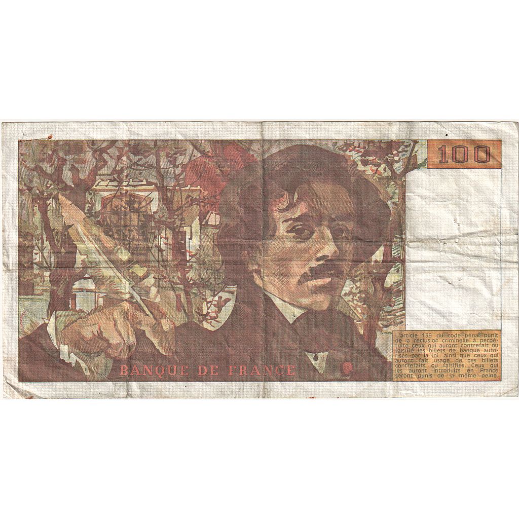 France, 100 Francs, Delacroix, 1990, T.155, VF(20-25), Fayette:69.13d), KM:154d