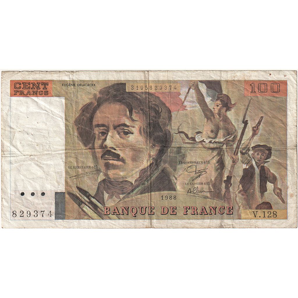 Francia, 100 Francs, Delacroix, 1990, V.128, BC, Fayette:69.12, KM:154d