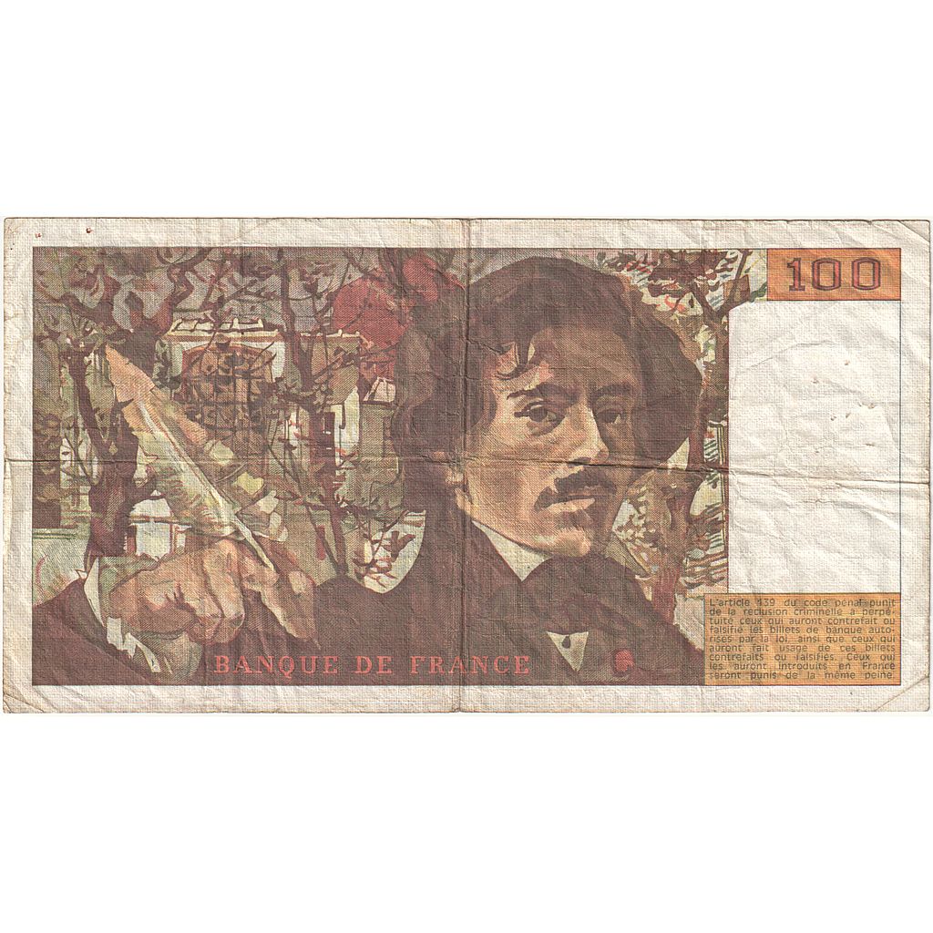 Francia, 100 Francs, Delacroix, 1990, V.128, BC, Fayette:69.12, KM:154d
