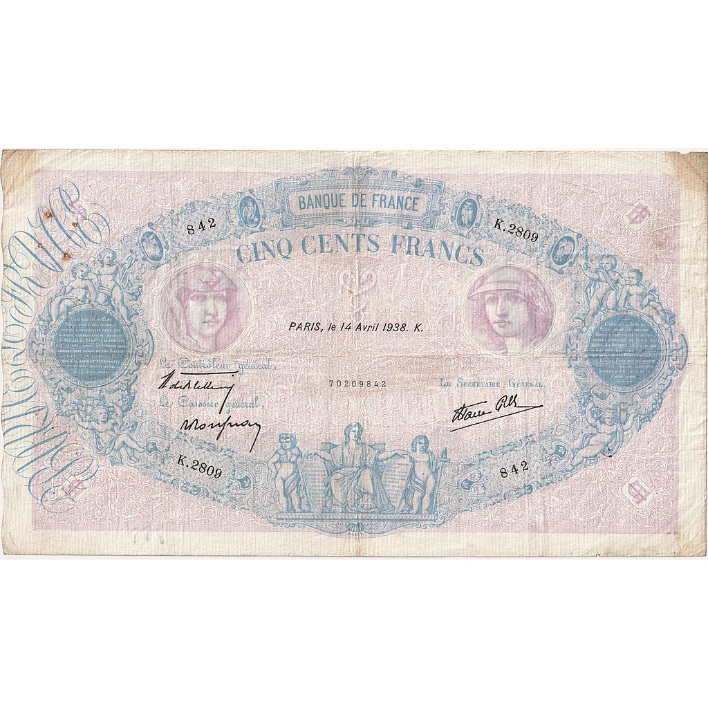 França, 500 Francs, Bleu et Rose, 1938, K.2809, VF(20-25), Fayette:31.8, KM:88c