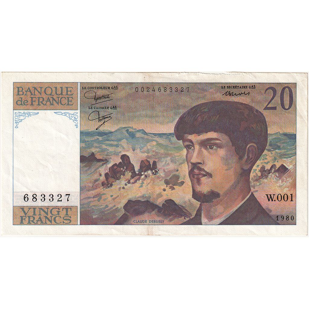 Francia, 20 Francs, Debussy, 1980, W.001, BB+, Fayette:F.66.01W1, KM:151a