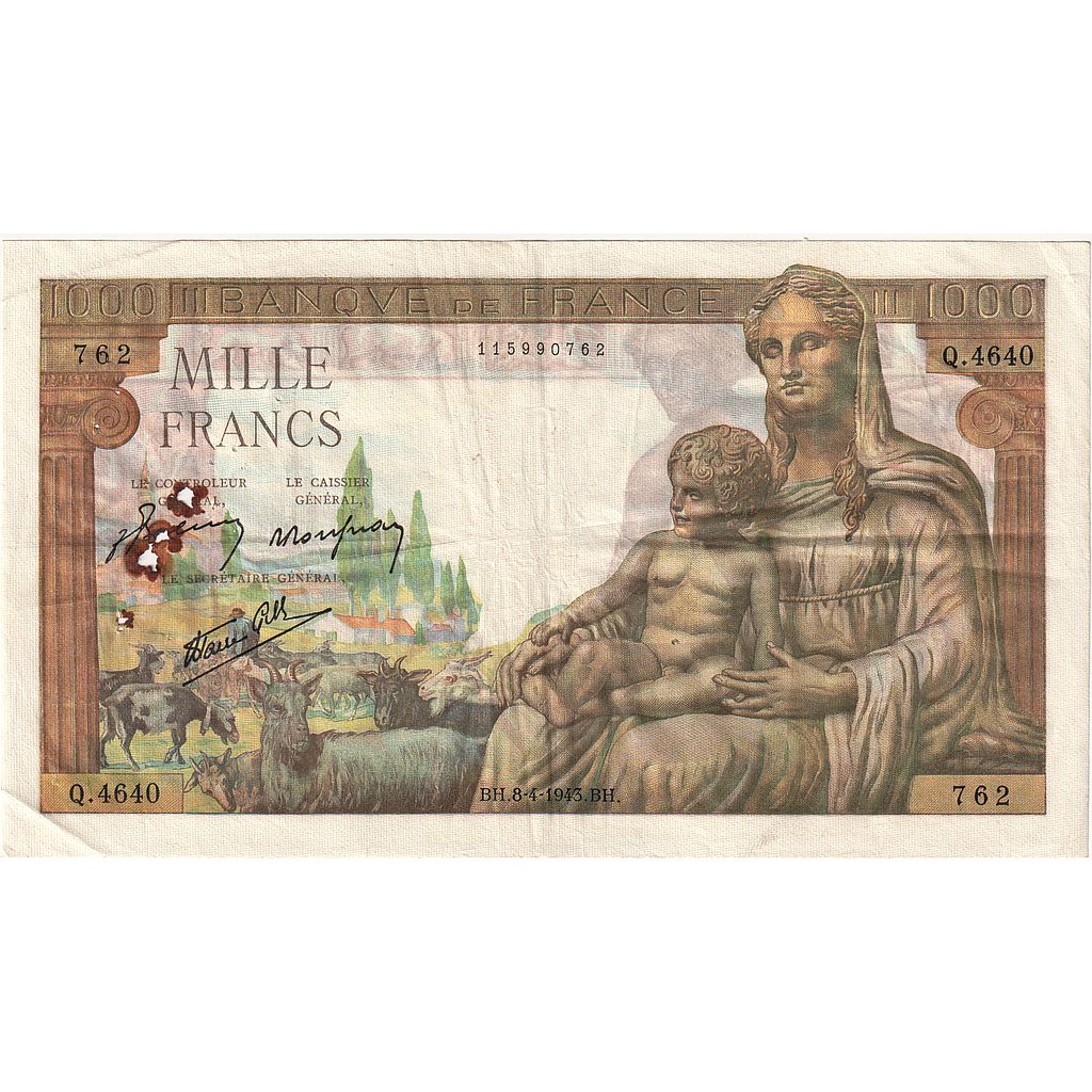 Francja, 1000 Francs, Déesse Déméter, 1943, Q.4640, EF(40-45), Fayette:40.21