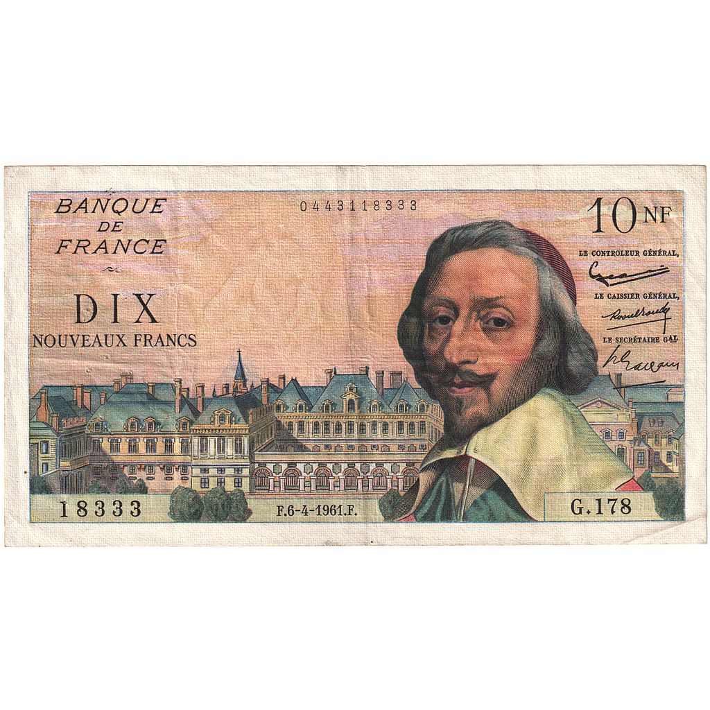 Francia, 10 Nouveaux Francs, Richelieu, 1961, G.178, MB, Fayette:57.15, KM:142a