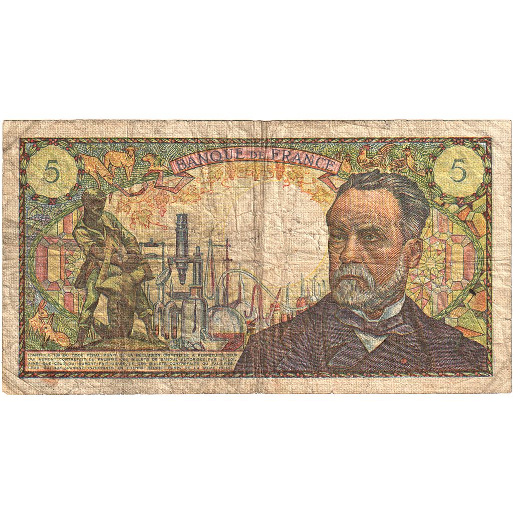 France, 5 Francs, Pasteur, 1970, Q.127, VG(8-10), Fayette:61.12, KM:146b
