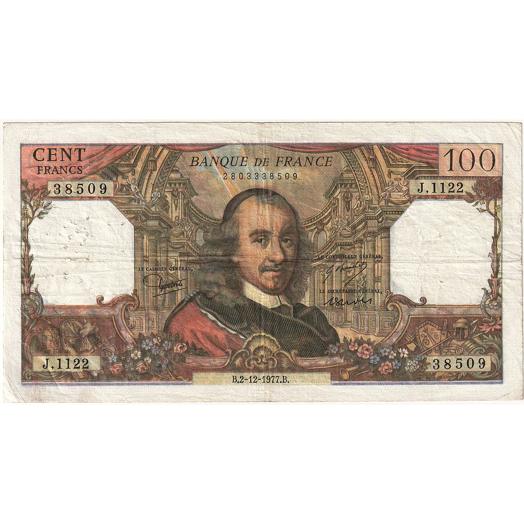 France, 100 Francs, Corneille, 1977, J.1122, VG(8-10), Fayette:65.60, KM:149f
