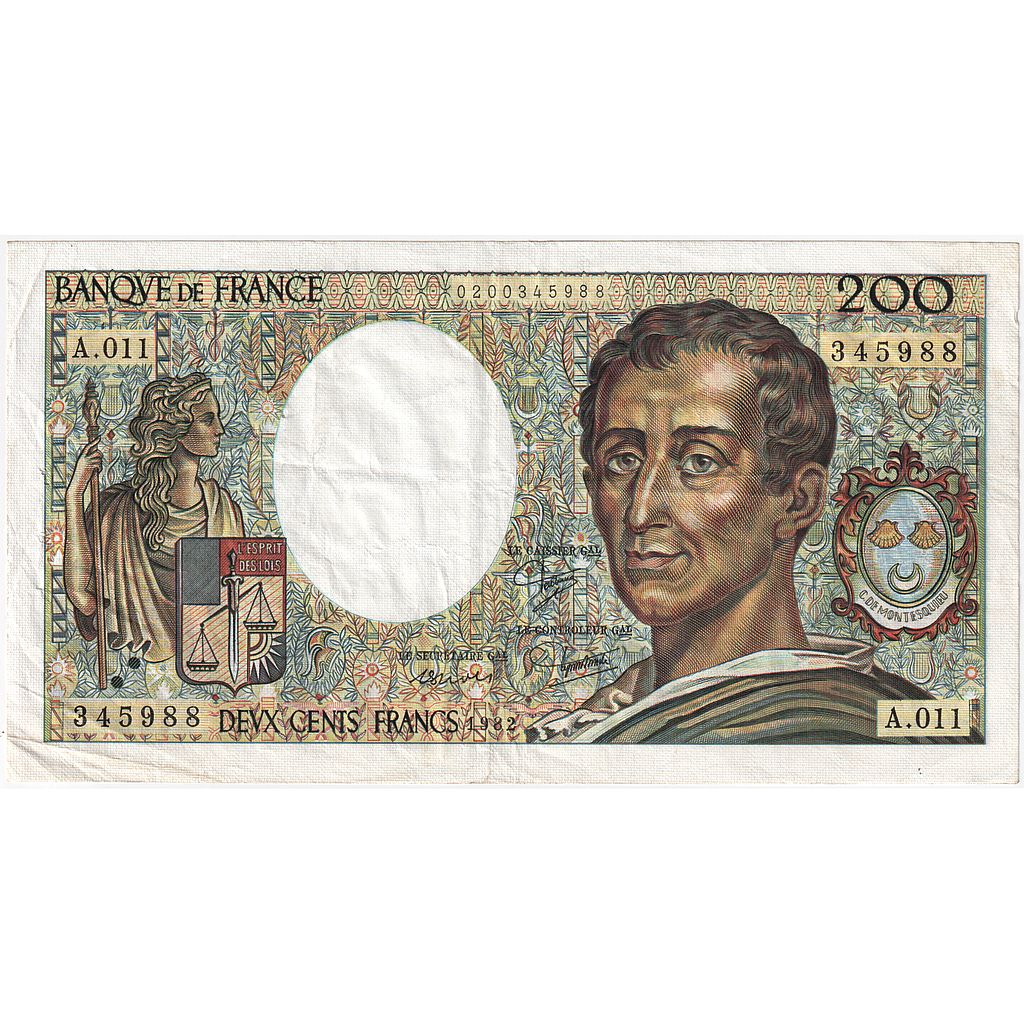 Francia, 200 Francs, Montesquieu, 1982, A.011, BB+, Fayette:70.2, KM:155a
