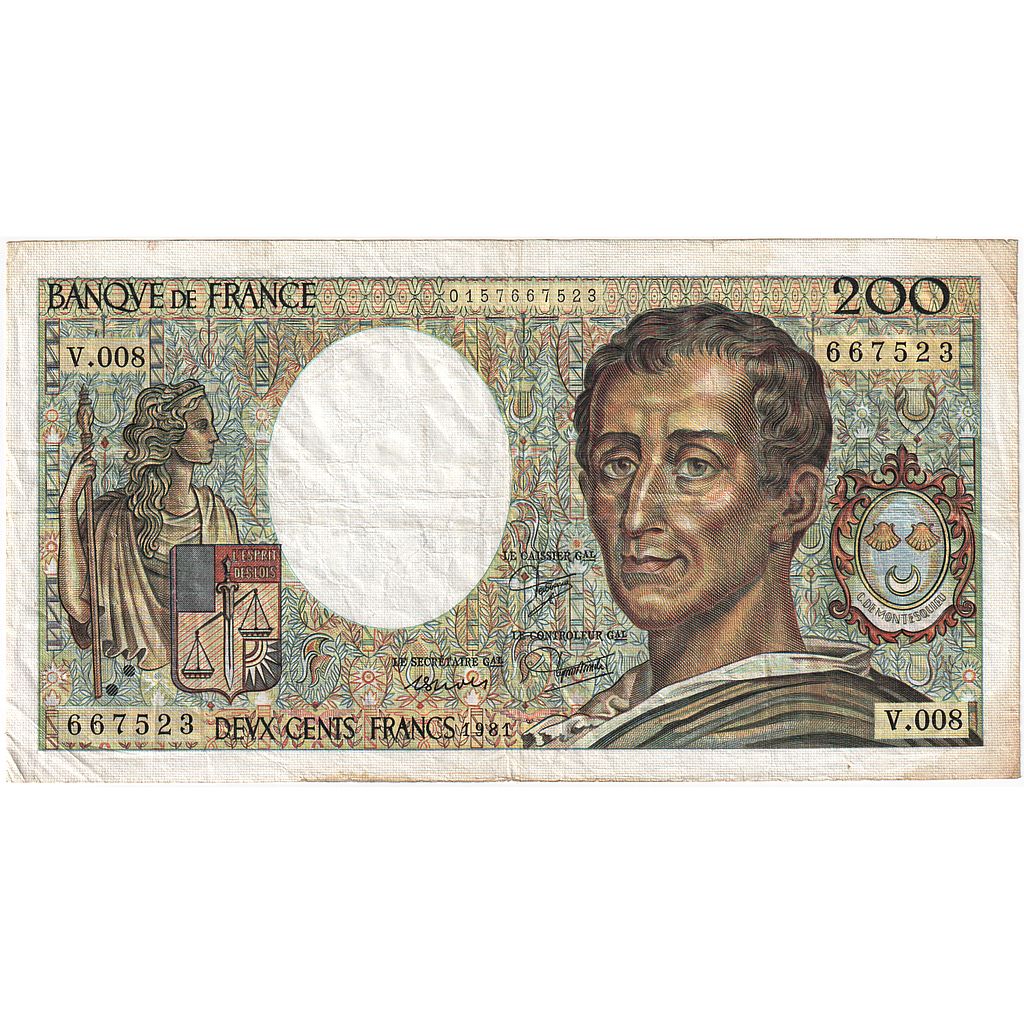 França, 200 Francs, Montesquieu, 1981, V.008, VF(30-35), Fayette:70.01, KM:155a