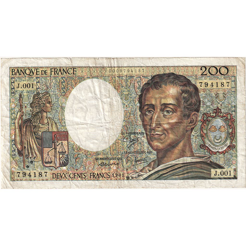 Francja, 200 Francs, Montesquieu, 1981, J.001, VF(20-25), Fayette:70.01, KM:155a