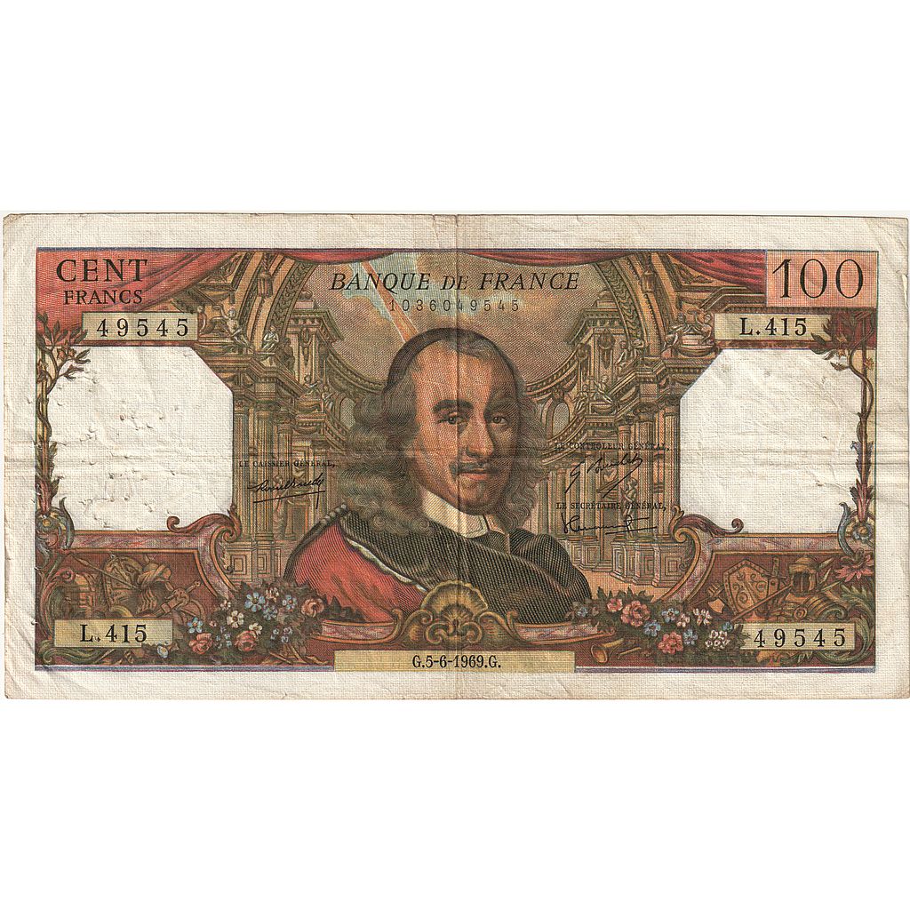 France, 100 Francs, Corneille, 1969, L.415, VF(30-35), Fayette:65.27, KM:149c