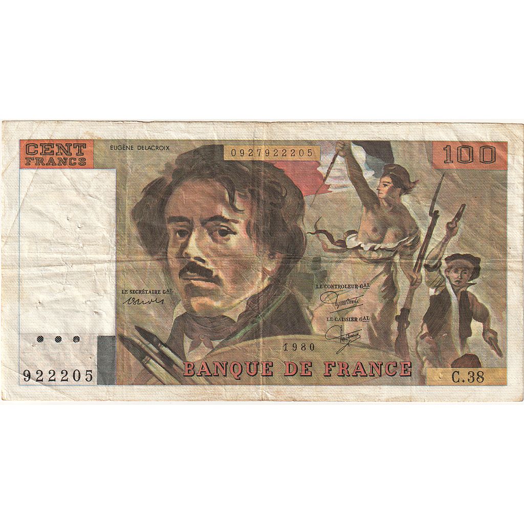 France, 100 Francs, Delacroix, 1980, C.38, VF(30-35), Fayette:69.04b, KM:154b